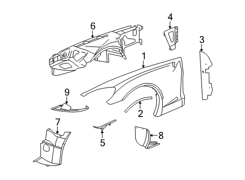 2013 Chevrolet Corvette Fender & Components Liner Extension Diagram for 15252927