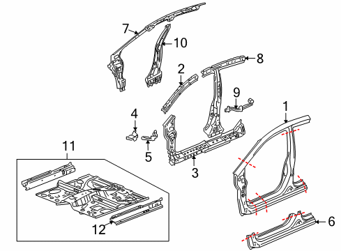 2010 Honda Insight Aperture Panel, Center Pillar, Floor & Rails, Hinge Pillar Floor, FR. Diagram for 65100-TM8-A00ZZ