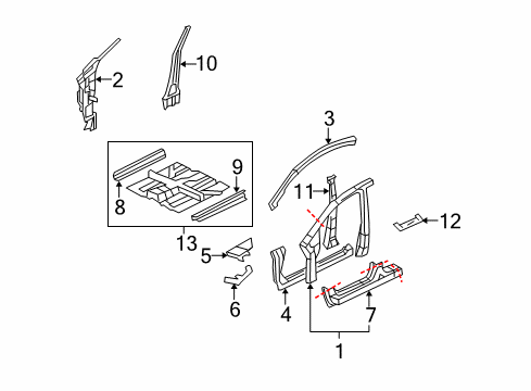 2011 Honda Civic Center Pillar, Hinge Pillar, Rocker, Floor & Rails Floor, FR. Diagram for 65100-SNC-A10ZZ