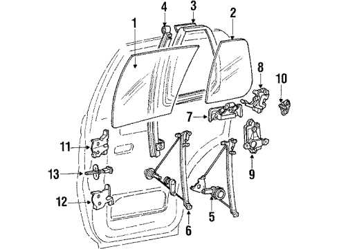 1989 Mitsubishi Mirage Rear Door - Glass & Hardware -, R/DR Window, LH R/DR W Diagram for MB546625