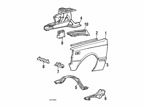 1984 Toyota Starlet Frame & Components Splash Shield Diagram for 53886-10051