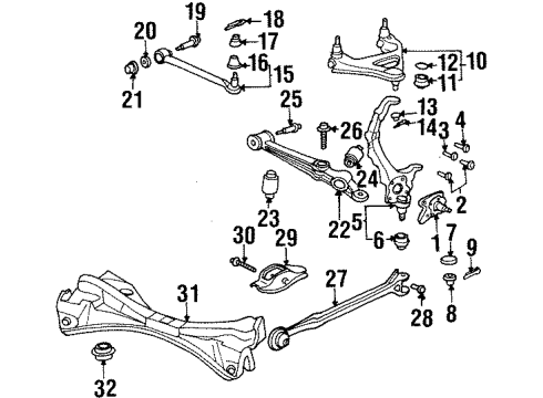 1997 Honda Prelude Rear Suspension Components, Lower Control Arm, Upper Control Arm, Stabilizer Bar Arm, Left Rear Radius Diagram for 52372-S30-A00