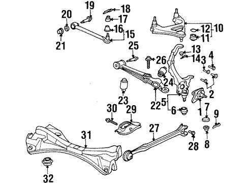 1997 Honda Prelude Rear Suspension Components, Lower Control Arm, Upper Control Arm, Stabilizer Bar Arm, Right Rear Radius Diagram for 52371-S30-A00