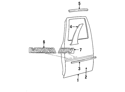 1992 Chevrolet Lumina APV Front Door & Components, Exterior Trim Molding Asm-Front Side Door *Red Diagram for 10153429