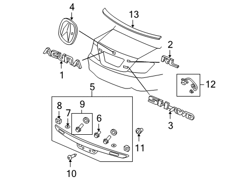 2009 Acura RL Spoiler, Exterior Trim Clip, License Garnish Diagram for 91511-SJA-A01