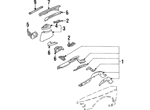 1995 Oldsmobile Cutlass Supreme Structural Components & Rails Rail-Front Fender Upper Diagram for 10241657