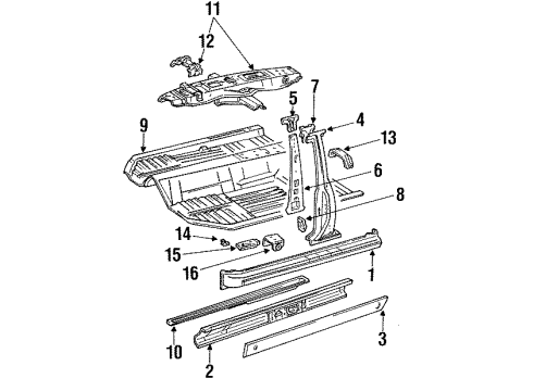 1990 Lexus ES250 Center Pillar, Rocker, Floor & Rails Plate, Front Door Scuff Diagram for 67913-32020-01