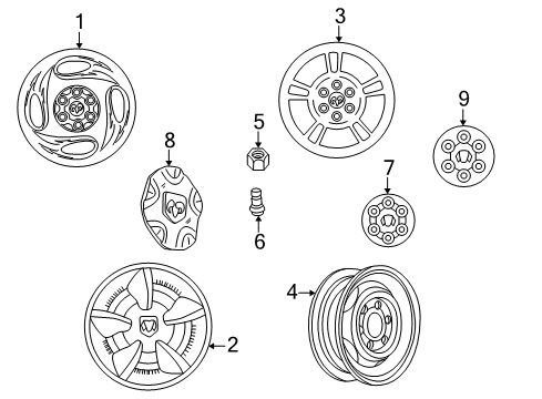 1999 Dodge Durango Wheels, Covers & Trim Silver Center Cap Wheel Rim Diagram for 52013653AA