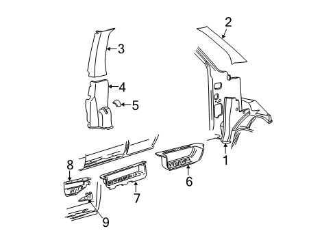 2002 Ford E-250 Econoline Interior Trim - Pillars, Rocker & Floor Windshield Pillar Diagram for F8UZ-1503599-AAC