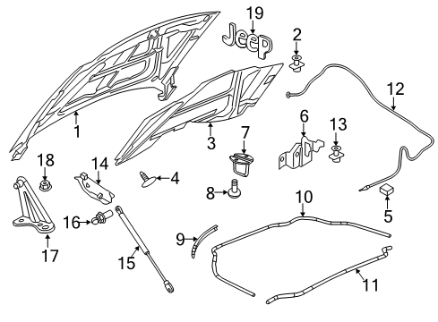 2011 Jeep Grand Cherokee Hood & Components, Exterior Trim Stud Diagram for 6509474AA