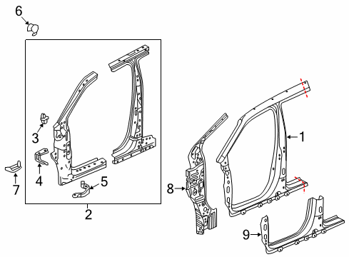 2016 Honda Pilot Aperture Panel, Hinge Pillar, Rocker Panel, R. FR. (Outer) Diagram for 04635-TG7-A01ZZ