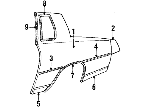 1988 Oldsmobile Cutlass Supreme Quarter Panel & Components, Glass, Exterior Trim Pocket Asm-Fuel Tank Filler Diagram for 10248385