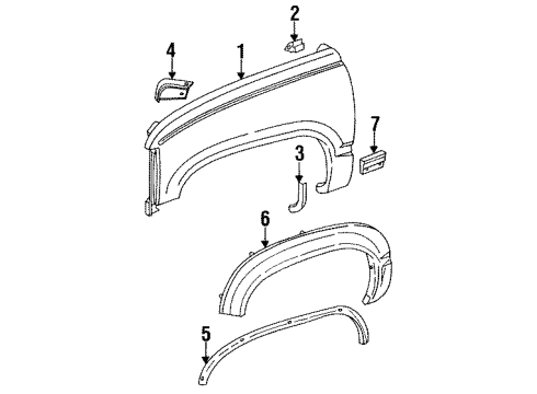 1993 GMC C2500 Suburban Fender & Components, Exterior Trim Molding Asm-Front Fender Lower Rear *Black Diagram for 15740119