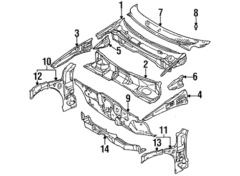 1995 Geo Metro Cowl PANEL, Shroud and Dash and Vent Duct Panel Diagram for 91172309
