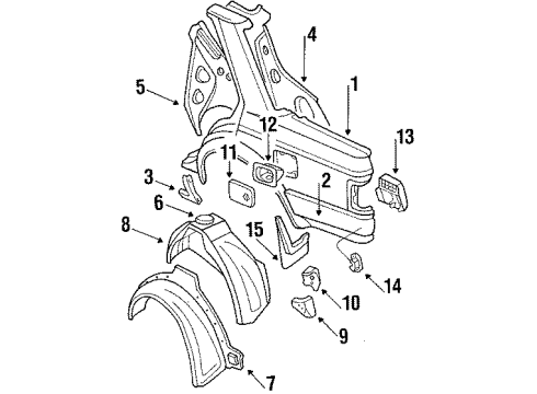 1987 Nissan Maxima Quarter Panel Outer Components, Inner Structure & Rails, Glass, Exterior Trim WHEELHOUSE Rear Inner RH Diagram for 76752-D4030