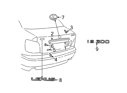 2002 Lexus IS300 Exterior Trim - Lift Gate Retainer, Outside Moulding Diagram for 75392-30230