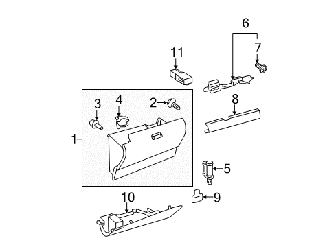 2005 Toyota Prius Glove Box Glove Box Assembly Stopper Diagram for 55054-12010