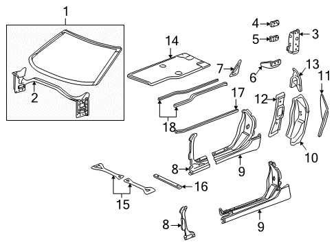 2003 Chevrolet Corvette Hinge Pillar, Lock Pillar, Rocker, Floor Panel Asm, Body Lock Pillar Outer Diagram for 88957106