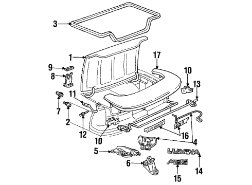 1993 Chevrolet Lumina Trunk Lid & Components, Spoiler, Exterior Trim Plate Asm-Rear Compartment Lid Name Diagram for 10176711