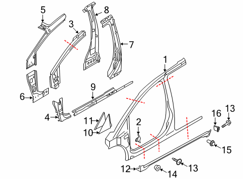 2006 Nissan Quest Aperture Panel, Center Pillar & Rocker, Exterior Trim, Hinge Pillar MUDGUARD-Center, Front RH Diagram for 76850-ZM80A