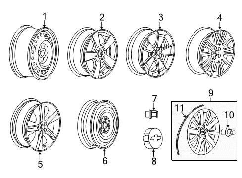 2011 Chevrolet Cruze Wheels Hub Cap Diagram for 9597551