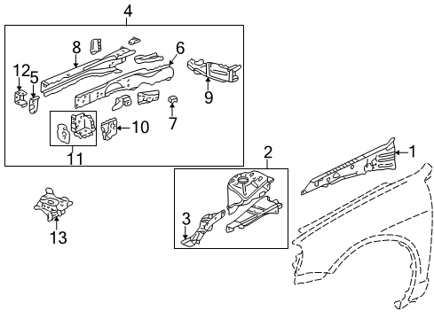 2004 Acura RSX Structural Components & Rails Outrigger Set, Left Front Side Diagram for 04605-S6M-A00ZZ
