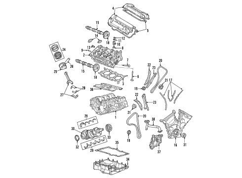 2010 Ford Escape Engine Parts, Mounts, Cylinder Head & Valves, Camshaft & Timing, Variable Valve Timing, Oil Pan, Oil Pump, Balance Shafts, Crankshaft & Bearings, Pistons, Rings & Bearings Rear Mount Diagram for 5L8Z-6068-AE