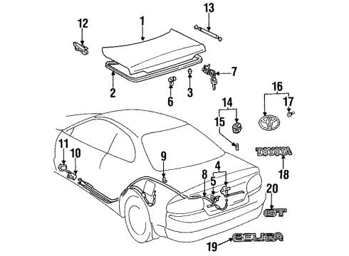 1998 Toyota Celica Trunk Lid & Components, Exterior Trim Cable Sub-Assy, Luggage Door Lock Control Diagram for 64607-20890