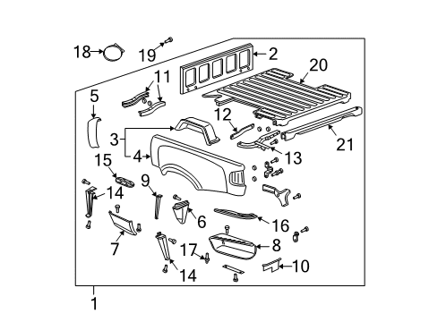 1998 GMC Sonoma Pickup Box Assembly, Front & Side Panels, Floor Fuel Door Bumper Diagram for 88891790