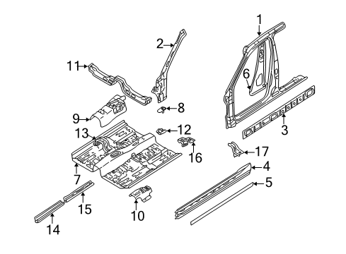 1998 Nissan Altima Center Pillar, Hinge Pillar, Rocker, Floor & Rails, Uniside Extension-Front Side Member, Center LH Diagram for 75183-1E300