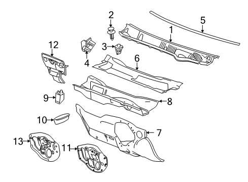 2009 Pontiac G5 Cowl Cowl Grille Retainer Nut Diagram for 11609356