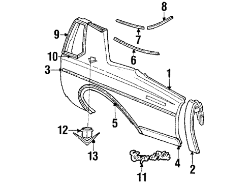 1985 Cadillac DeVille Quarter Panel & Components, Exterior Trim Pkt Asm-Fuel Tank Filler *Black Diagram for 20561474