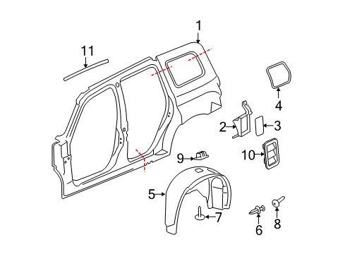 2006 Chevrolet HHR Quarter Panel & Components Wheelhouse Liner Diagram for 15930428