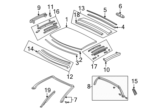 2001 Acura NSX Roof & Components Molding Assembly, Driver Side Drip & Retainer Diagram for 72465-SL0-T01ZZ