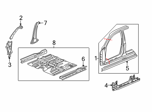 2006 Honda CR-V Center Pillar, Hinge Pillar, Rocker, Floor & Rails, Uniside Sill, R. FR. Inside Diagram for 65140-S9A-A01ZZ