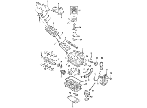 1998 Mercury Mountaineer Engine Parts, Mounts, Cylinder Head & Valves, Camshaft & Timing, Oil Pan, Oil Pump, Balance Shafts, Crankshaft & Bearings, Pistons, Rings & Bearings Manifold Diagram for F87Z-9424-DA