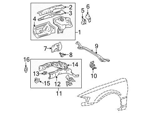 2002 Toyota Solara Structural Components & Rails Apron, Front Fender, Front LH Diagram for 53712-33020