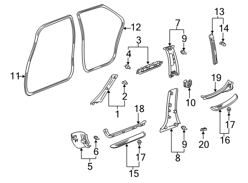 2001 Toyota Avalon Interior Trim - Pillars, Rocker & Floor Windshield Pillar Trim Diagram for 62220-AC030-A1