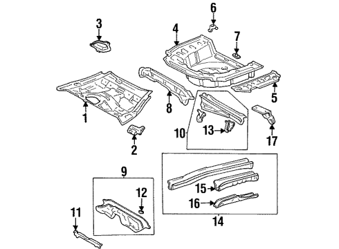 1997 Toyota Paseo Rear Floor & Rails Sidemember Assembly Diagram for 57601-16310