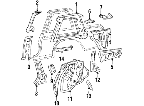 1988 Toyota Tercel Inner Structure & Rails - Quarter Panel Outer Wheelhouse Diagram for 61632-16140