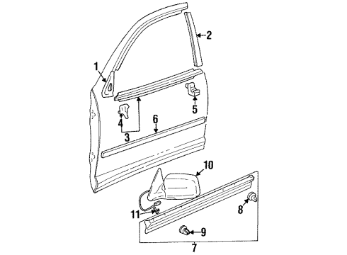 1999 Toyota Avalon Outside Mirrors, Exterior Trim Moulding, Front Door, Outside LH Diagram for 75732-07011-E1