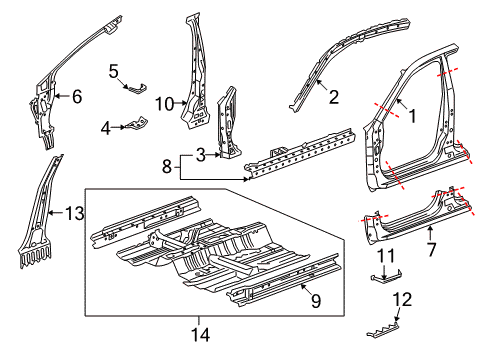 2011 Honda Accord Aperture Panel, Center Pillar, Floor & Rails, Hinge Pillar, Rocker Panel, R. Side Sill Diagram for 04631-TA5-A00ZZ