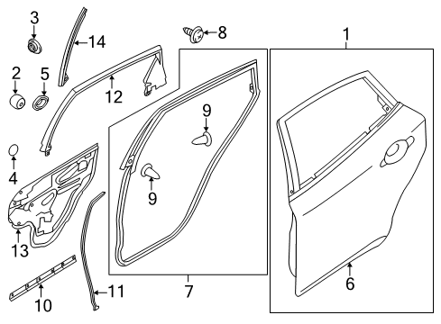 2013 Infiniti M37 Rear Door SASH Door LH Diagram for 82217-1MA0B