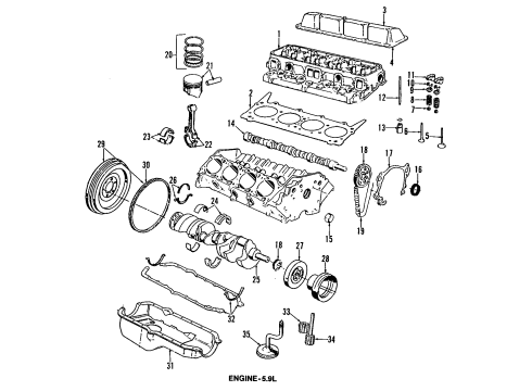 1989 Jeep Grand Wagoneer Engine Parts, Mounts, Cylinder Head & Valves, Camshaft & Timing, Oil Pan, Oil Pump, Crankshaft & Bearings, Pistons, Rings & Bearings Gasket Diagram for J3227352