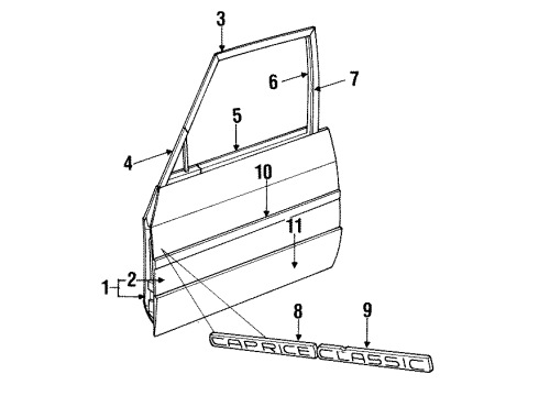 1993 Chevrolet Caprice Front Door & Components, Exterior Trim Molding, Front Side Door Center Diagram for 88959192