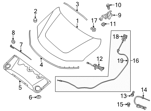 2017 Nissan Pathfinder Hood & Components Complete Cable Assembly Diagram for 65621-3KA2A