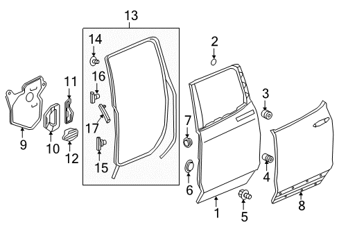 2017 Honda Ridgeline Rear Door Weatherstrip, R. RR. Door Diagram for 72810-T6Z-A01