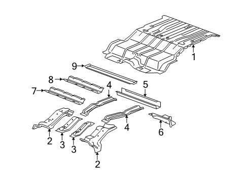 2008 Hummer H3 Rear Body - Floor & Rails Panel, Rear Floor Diagram for 25996789