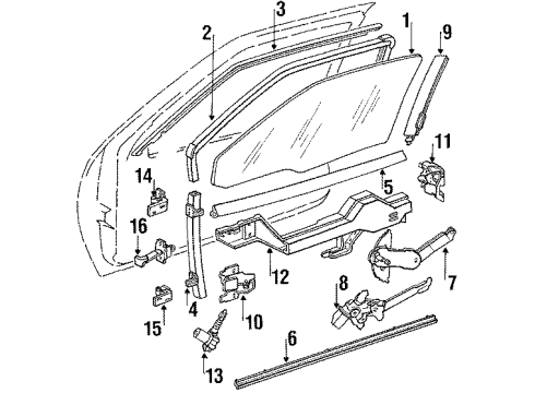 1988 Oldsmobile Cutlass Supreme Front Door Glass & Hardware, Lock & Hardware Hdl Asm Front Door & Rear Door W/Regulator Diagram for 16600093