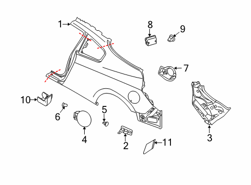 2011 Nissan Altima Quarter Panel & Components, Exterior Trim Bracket-Bumper, Rear Side RH Diagram for G9182-JB1MA